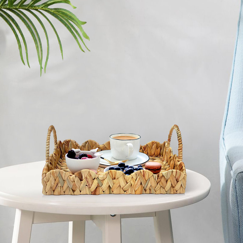 Bay Isle Home Aarae Scalloped Ottoman Tray Woven Serving Trays with Handles Water Hyacinth Storage Baskets Wicker Serving Trays for Home and Kitchen Decorative Wayfair